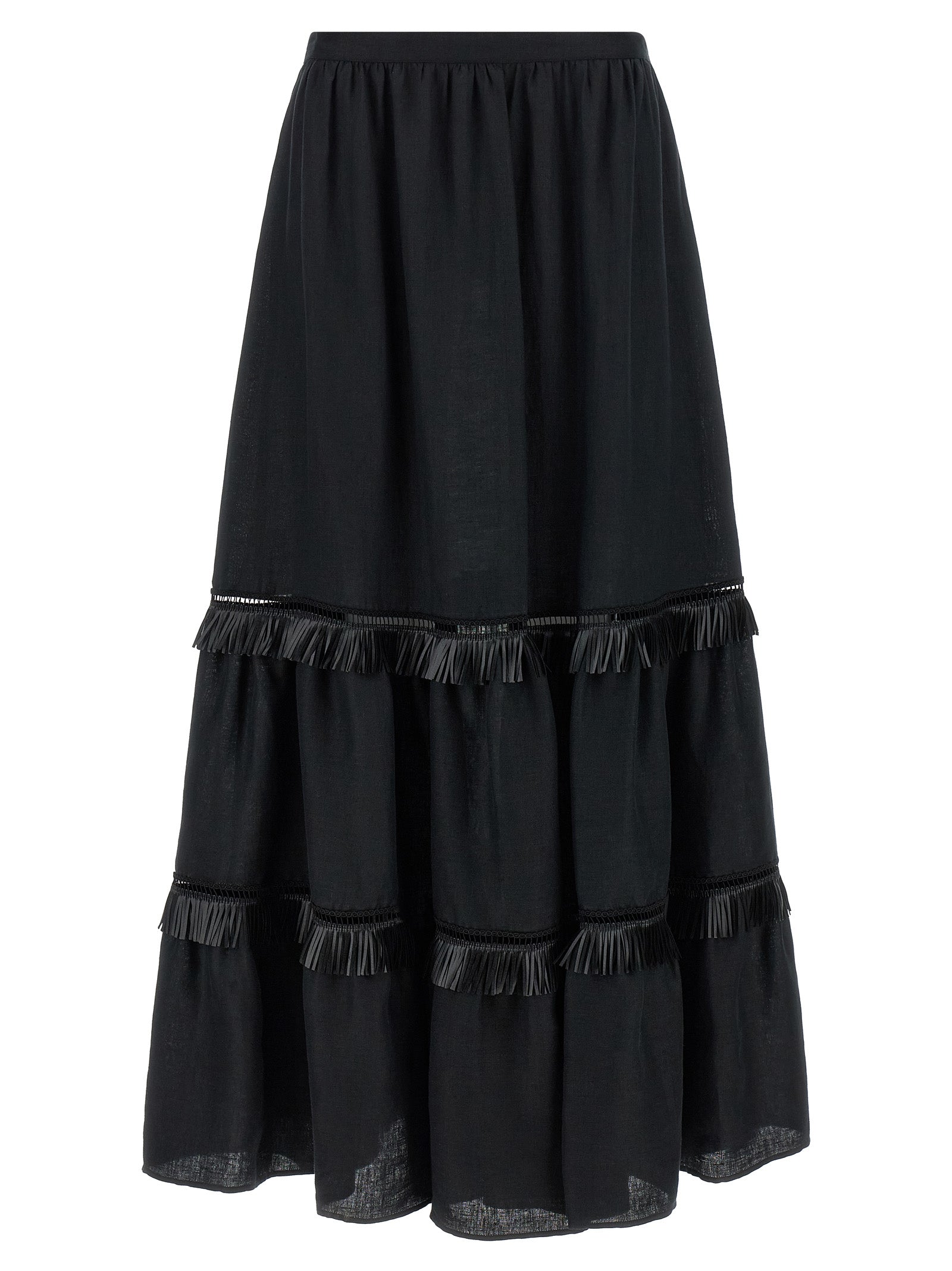 Fringed Skirt Black Linen