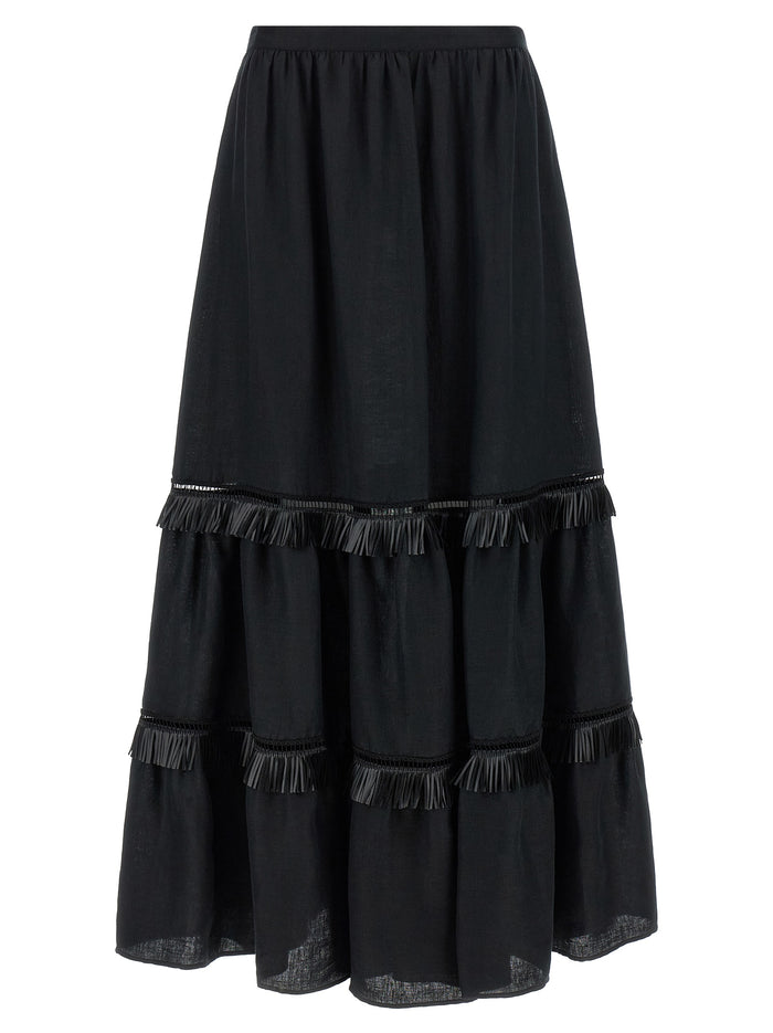 Fringed Skirt Black Linen