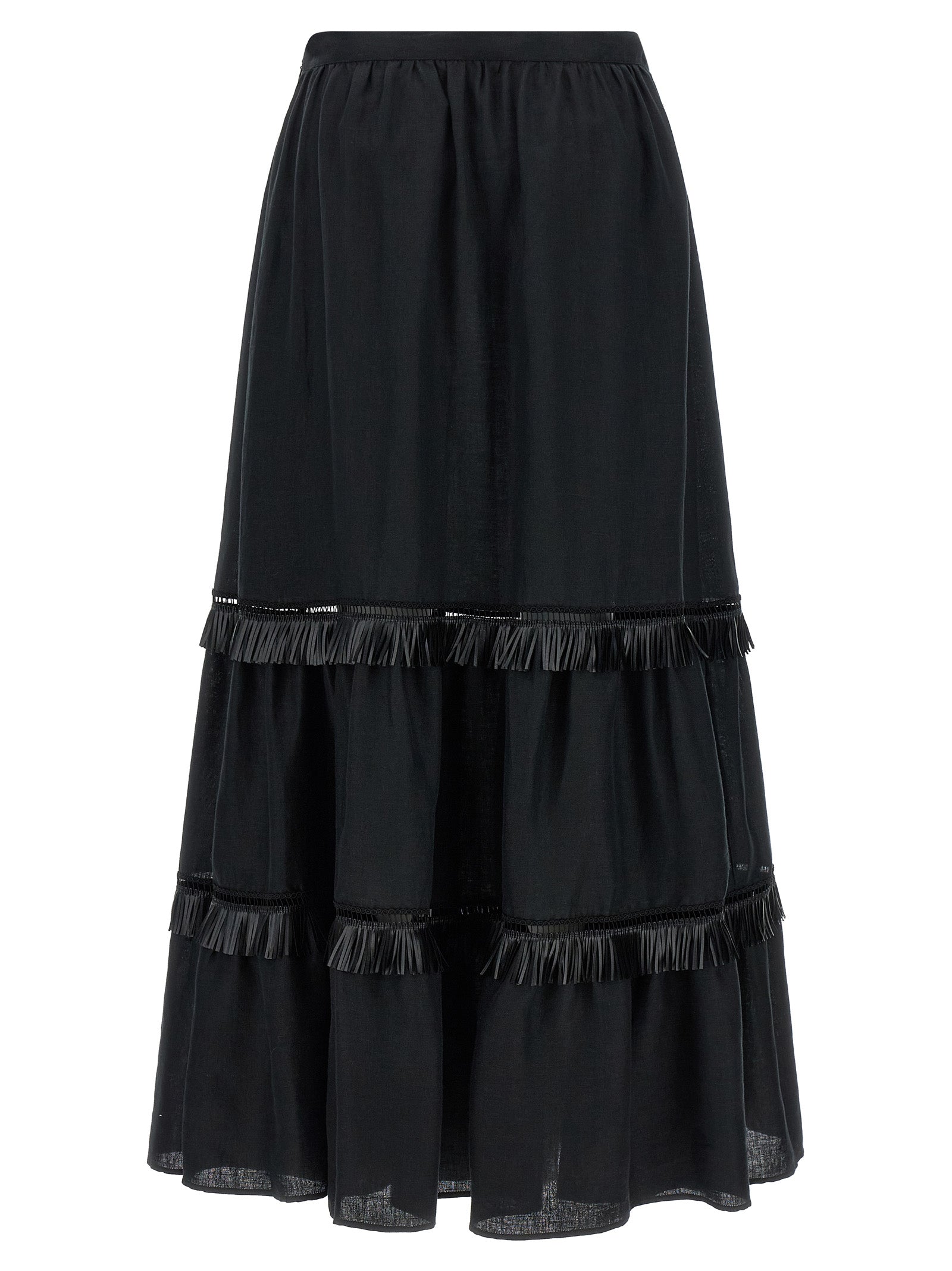 Fringed Skirt Black Linen