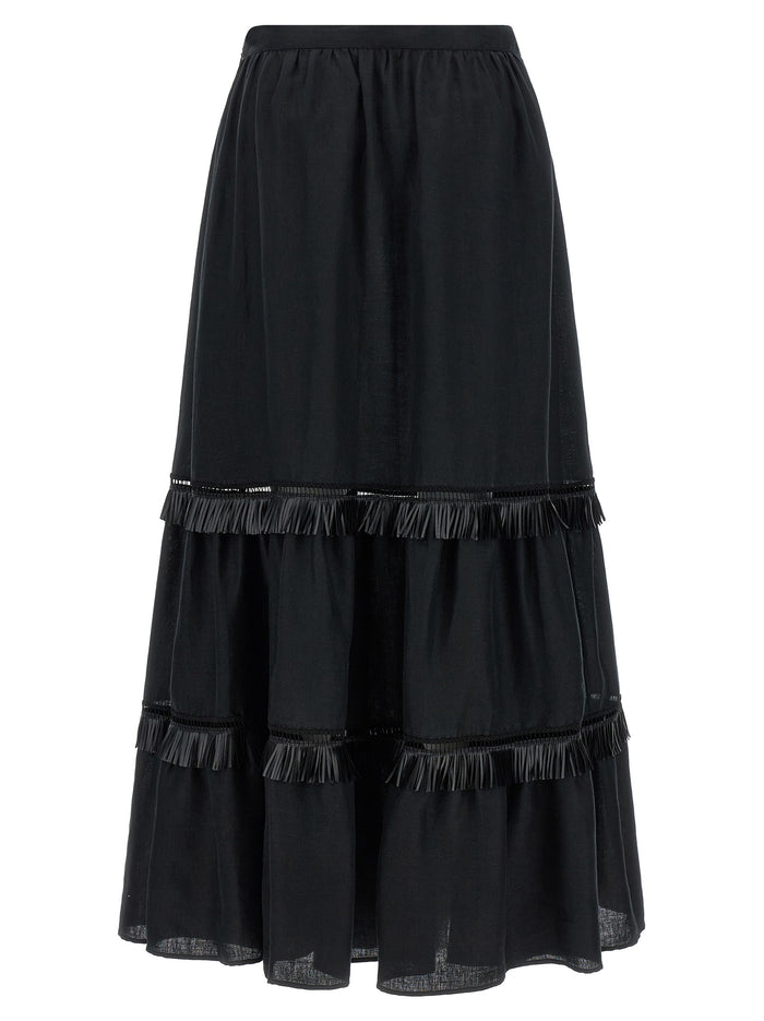 Fringed Skirt Black Linen