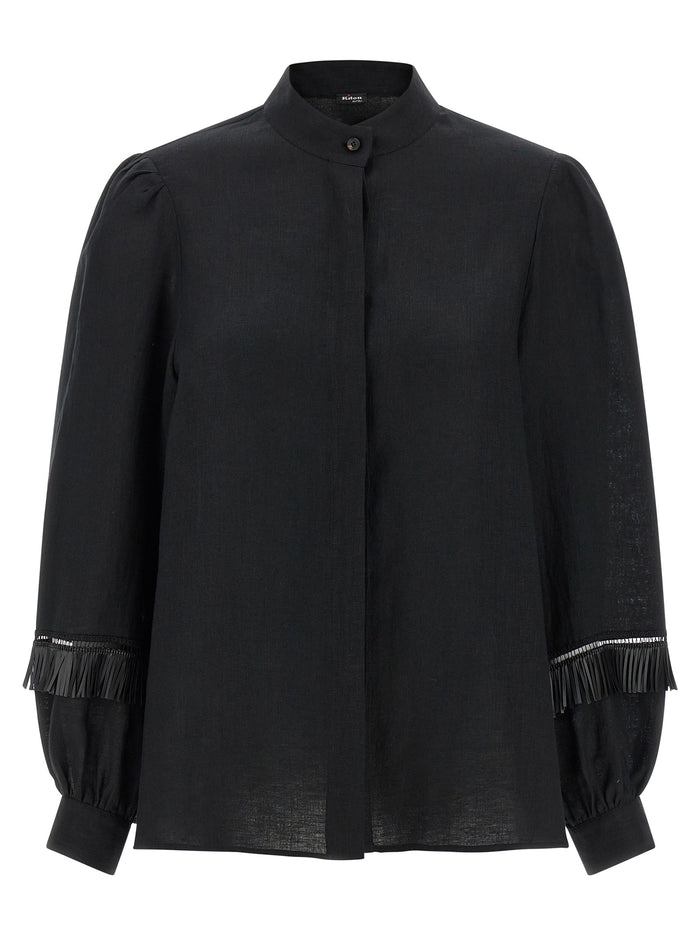Fringed Shirt Black Linen Shirt, Blouse