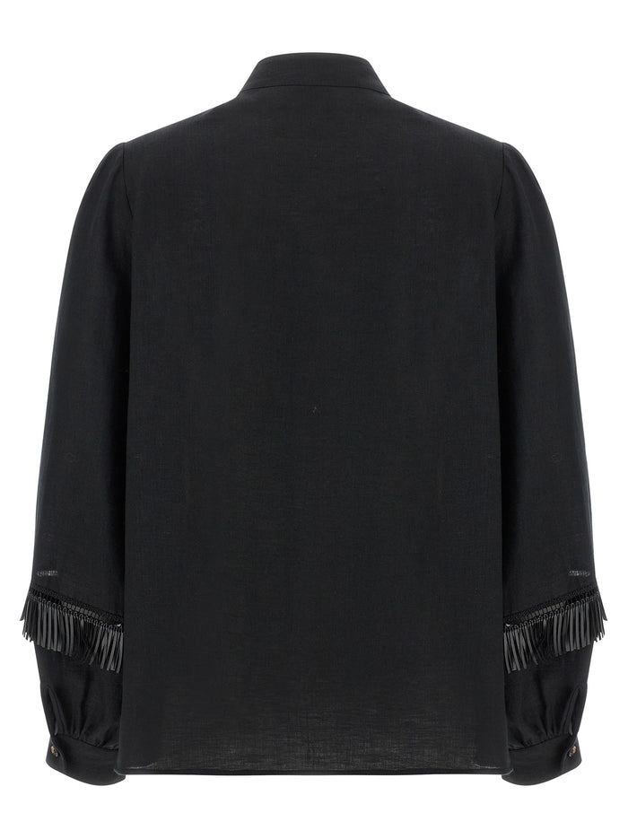 Fringed Shirt Black Linen Shirt, Blouse
