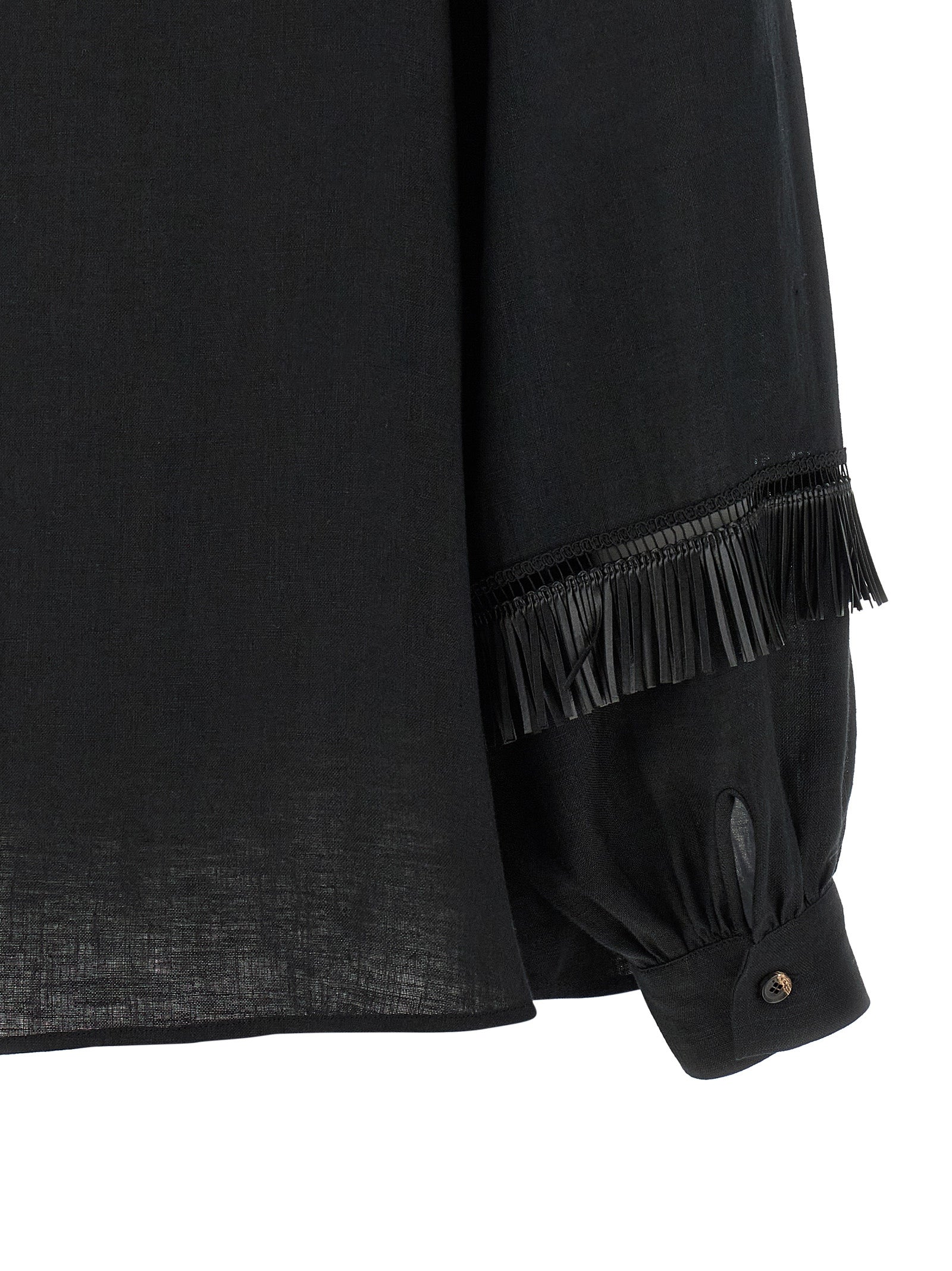 Fringed Shirt Black Linen Shirt, Blouse