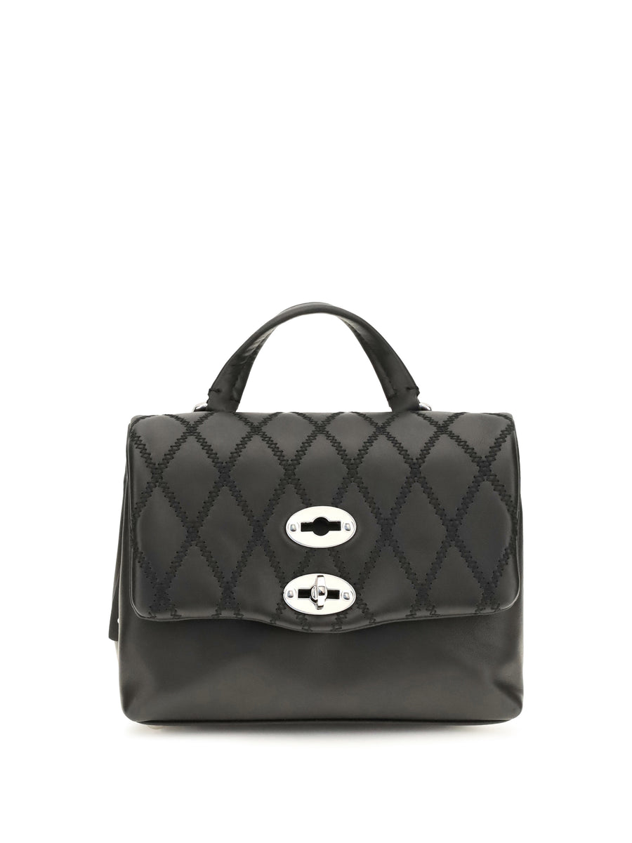 Mini Postina Tramè Leather Top Handle Bag Black Riso Venere Calf Bos Taurus Shoulder