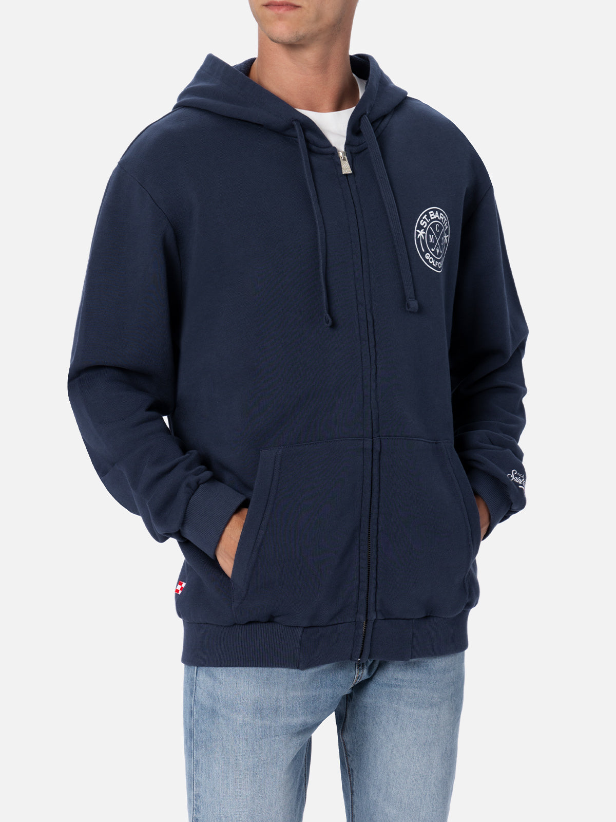 Man Zipped Cotton Fleece Hoodie Danny With Front And Back Print Blue Sweatshirt