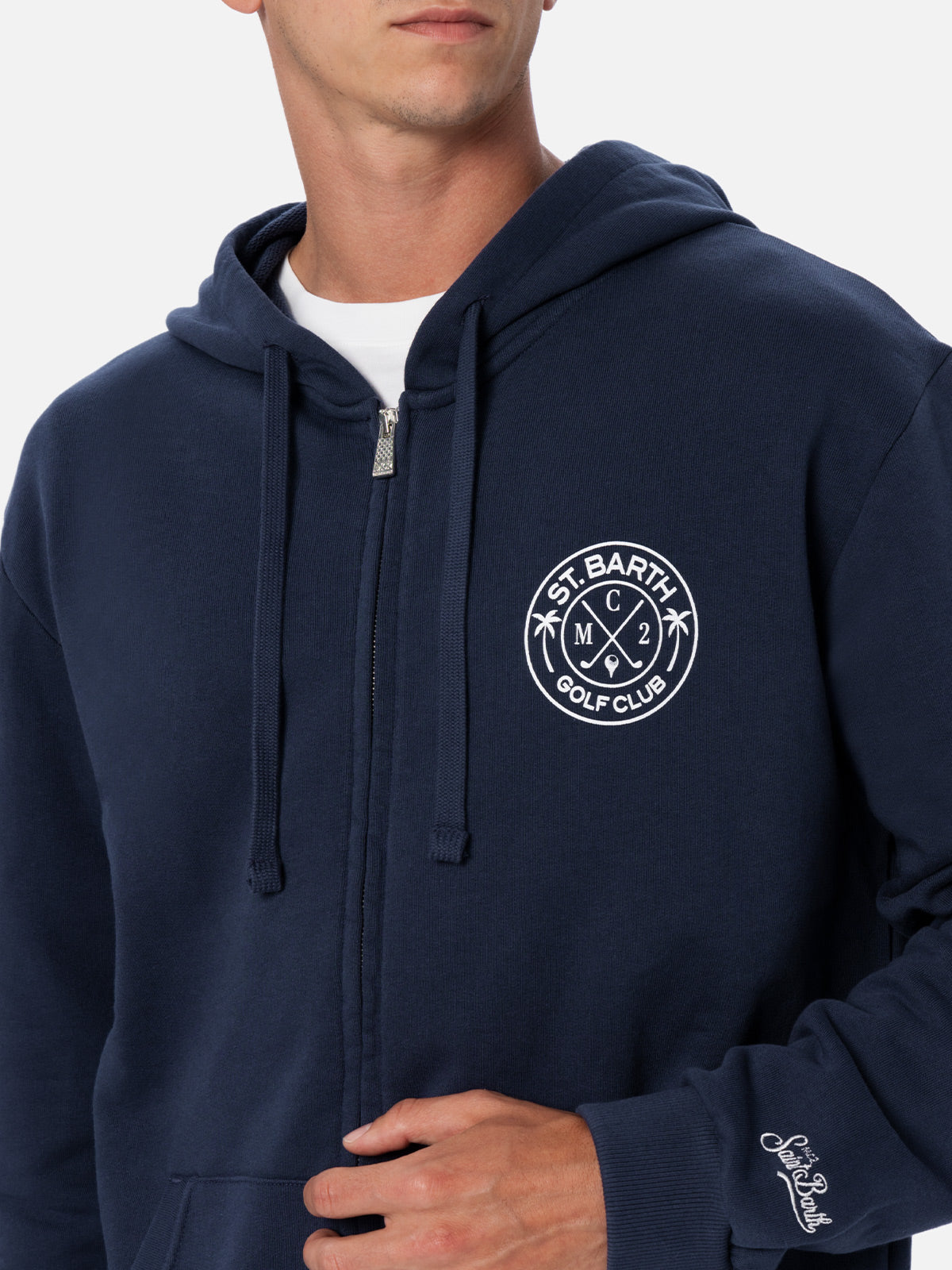 Man Zipped Cotton Fleece Hoodie Danny With Front And Back Print Blue Sweatshirt