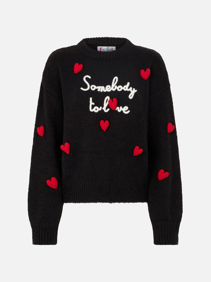 Danya Soft Black Sweater With Somebody To Love Embroidery And Crochet Hearts