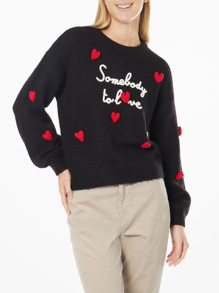 Danya Soft Black Sweater With Somebody To Love Embroidery And Crochet Hearts