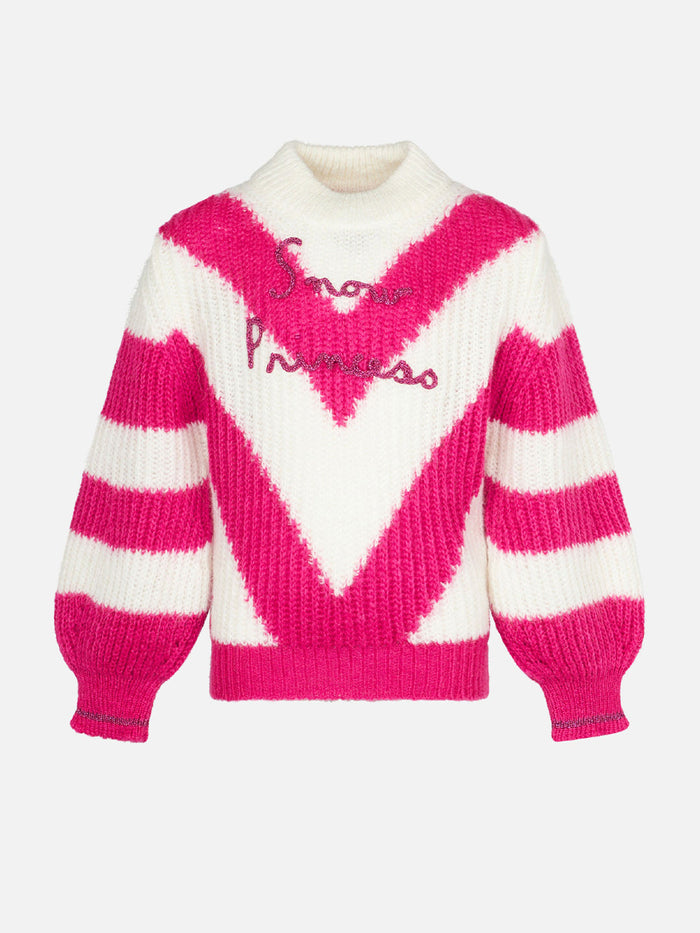 Girl Boxy Shape Soft Sweater With Snow Princess Embroidery Pink
