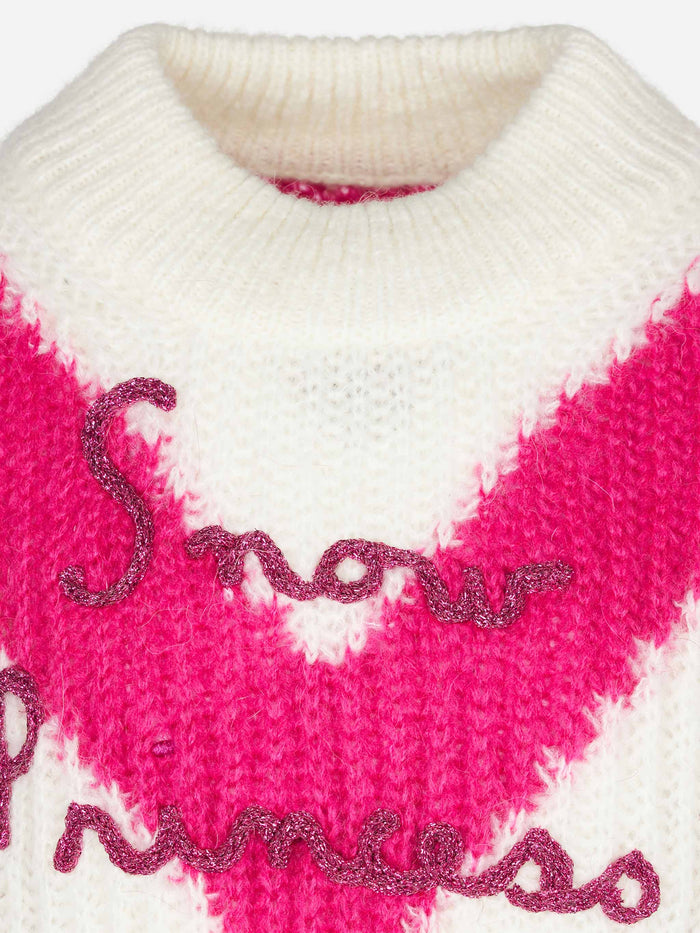Girl Boxy Shape Soft Sweater With Snow Princess Embroidery Pink