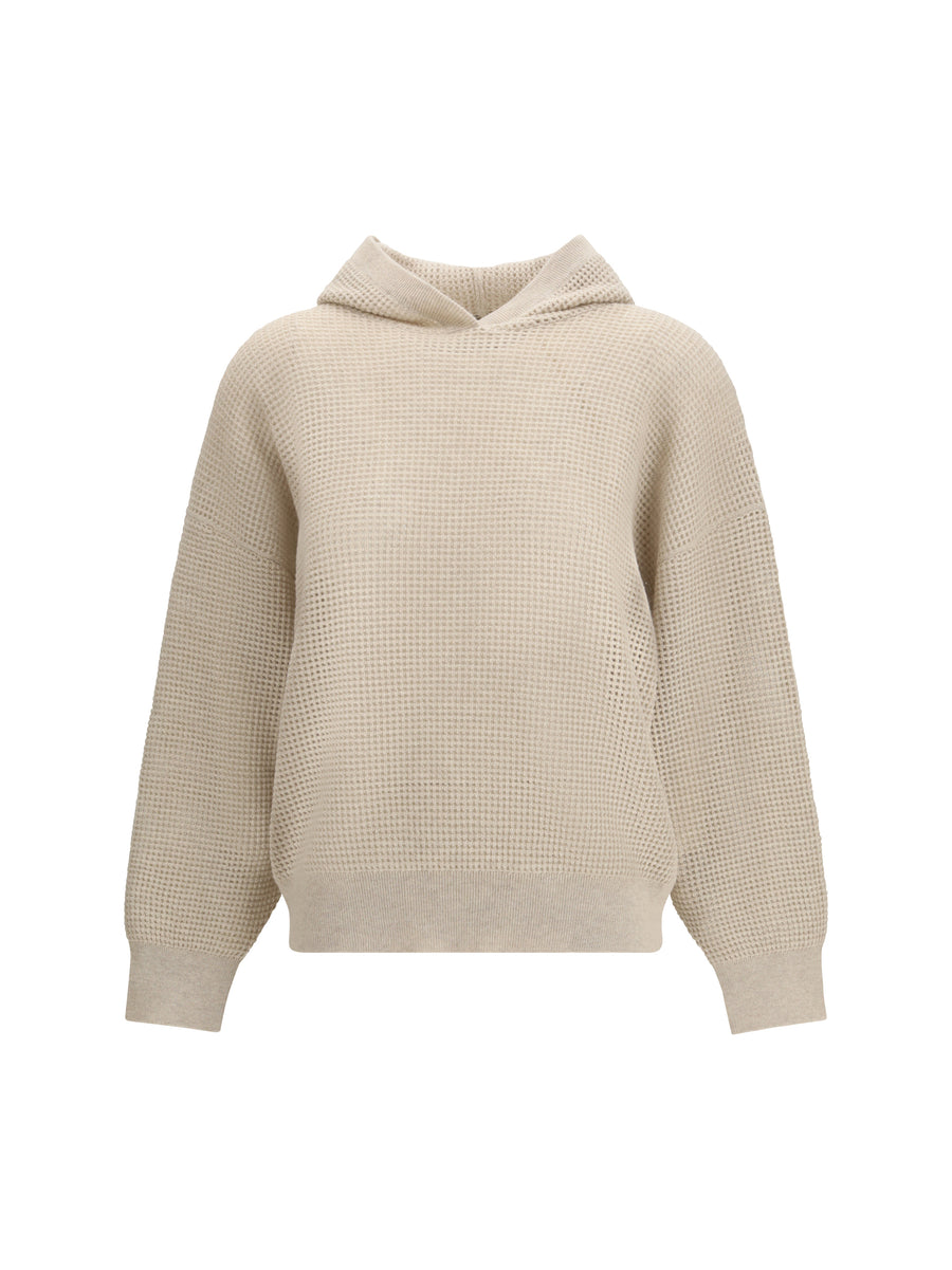 Brunello Cucinelli 100% Kashmir/Capra Hircus with fine lamé thread detailing hooded sweatshirt in beige