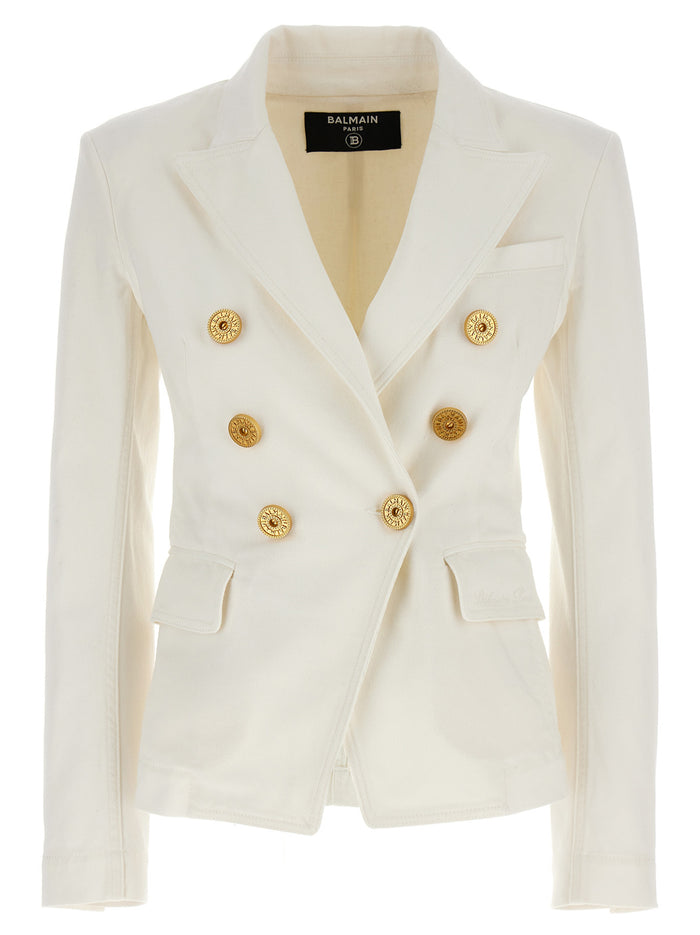 Double-breasted denim blazer White Cotton Blazer, Suits