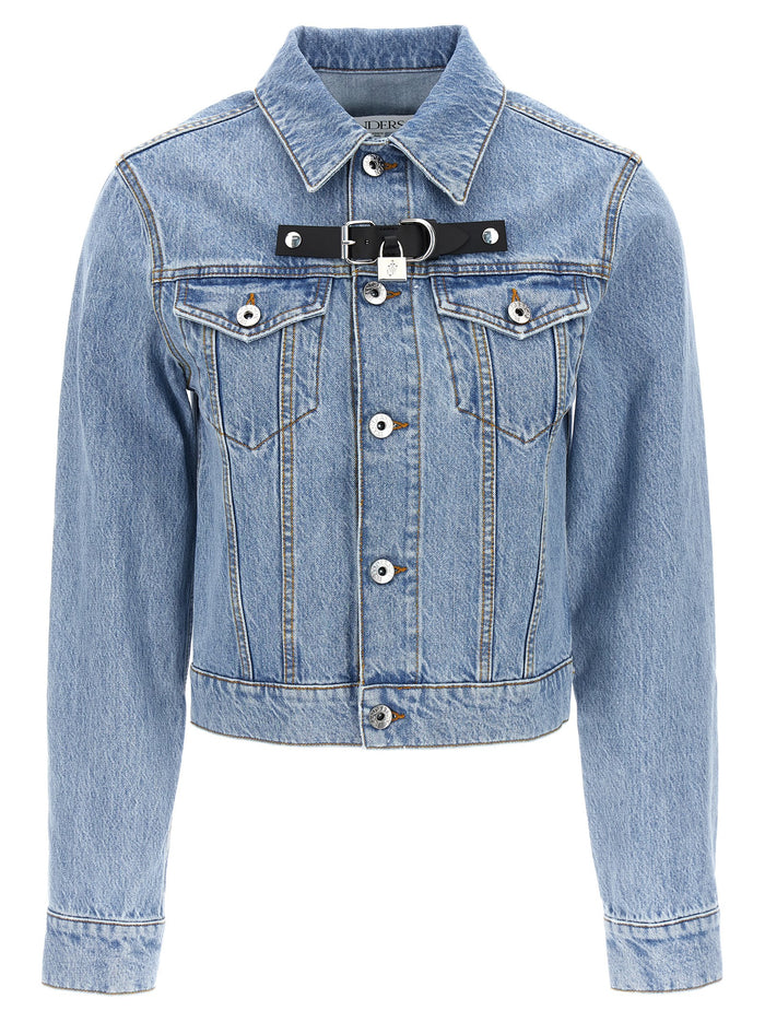 Padlock Strap Trucker jacket Light Blue Cotton Casual Jackets, Parka