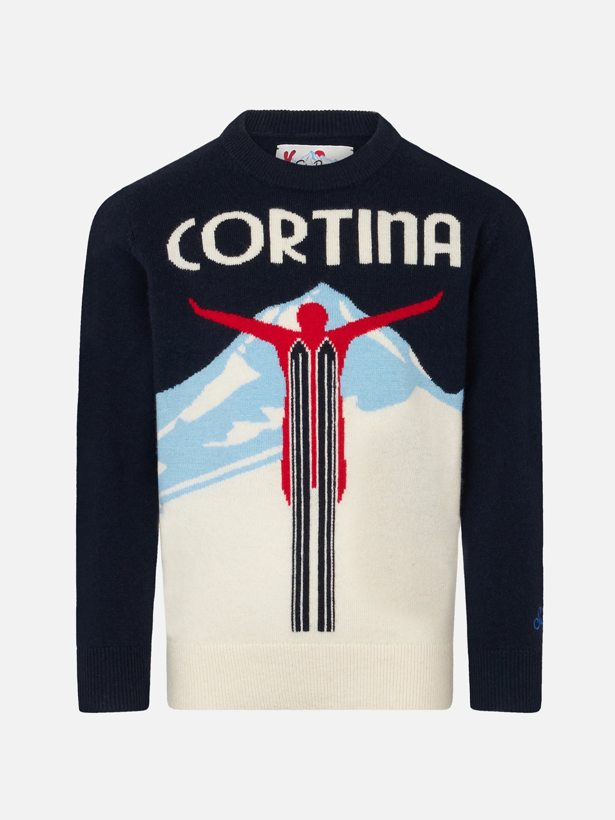Boy Crewneck Sweater With Cortina Postcard Print Blue