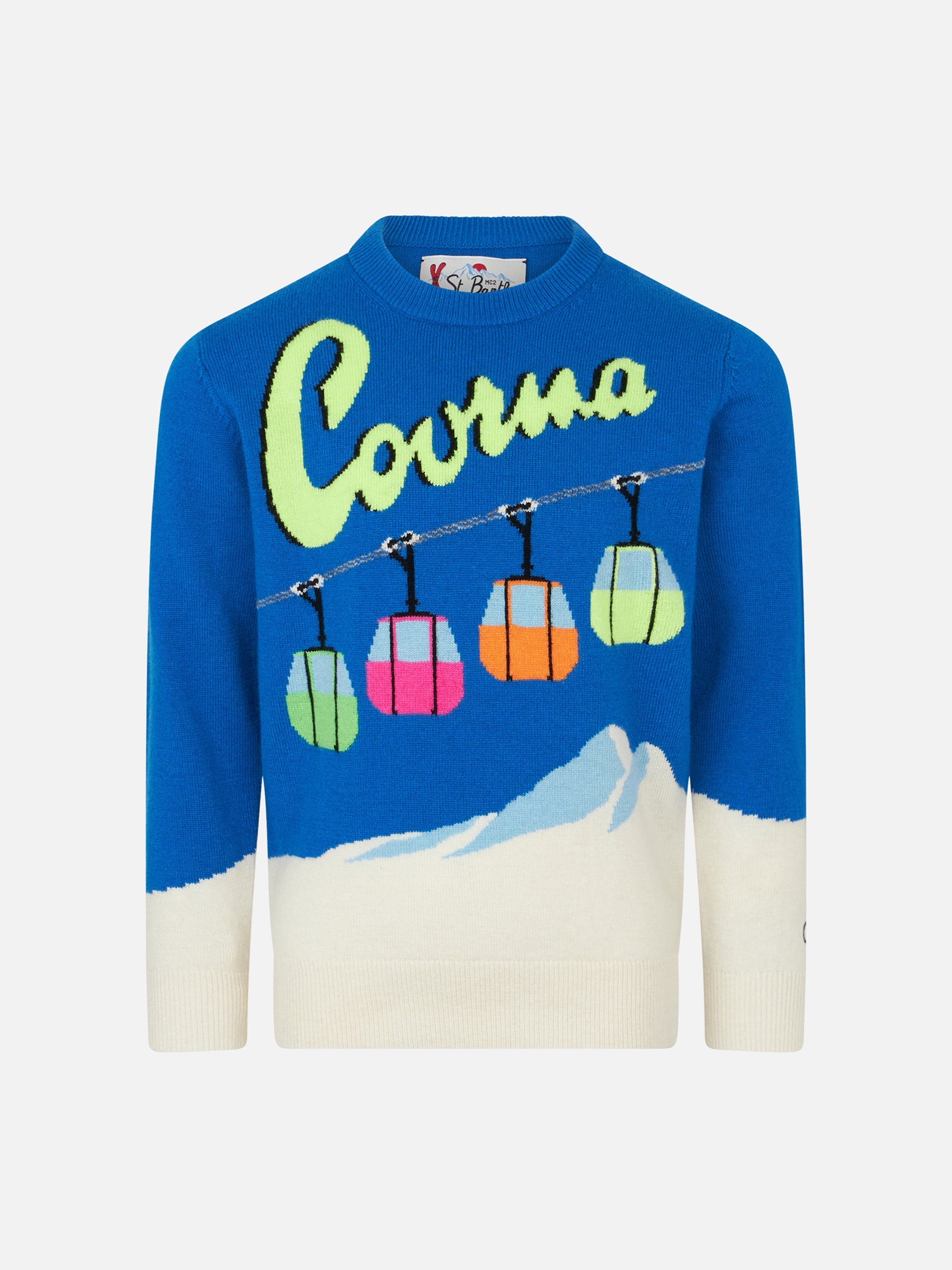Boy Crewneck Sweater With Courma Cable Postcard Jacquard Blue