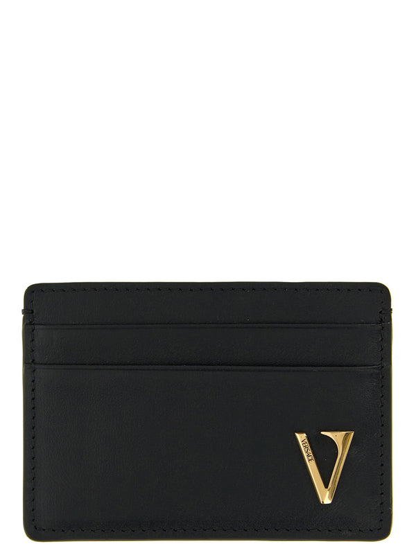 Versace Metal V-Logo Leather Card Case — Black
