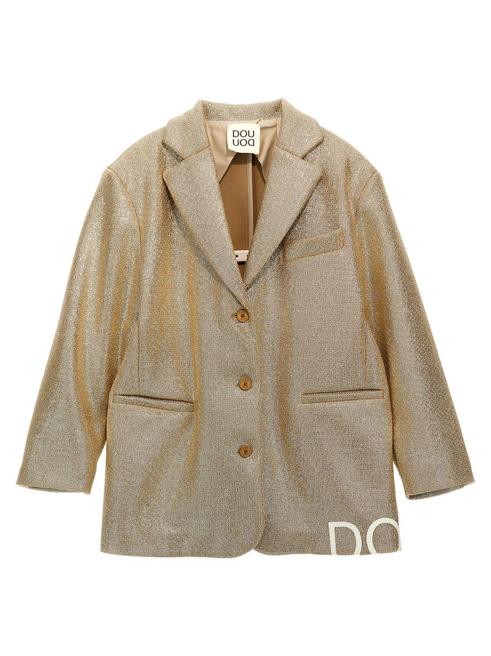 Laminated single-breasted blazer Gold Polyester Blazer, Suits
