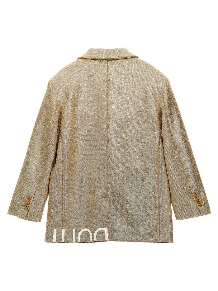 Laminated single-breasted blazer Gold Polyester Blazer, Suits