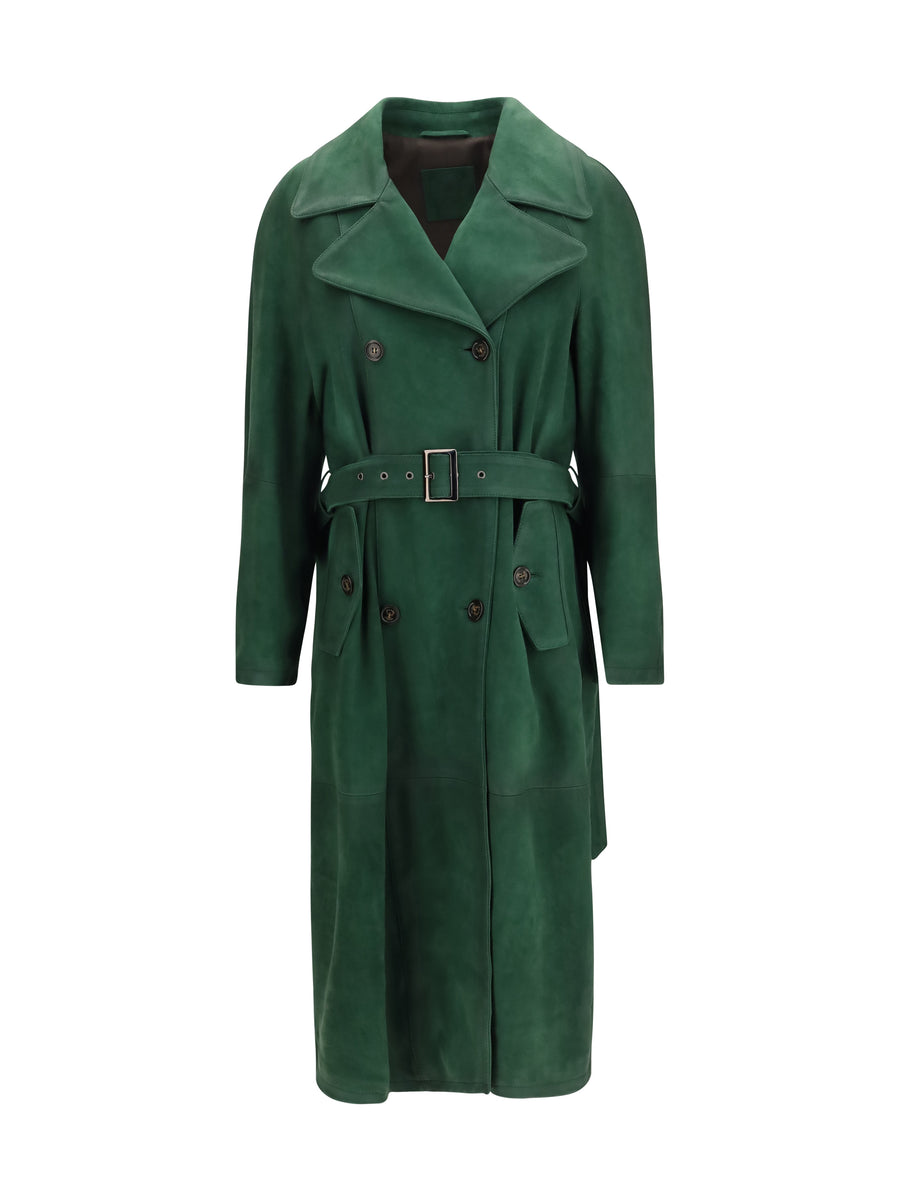 Vintage Effect Suede Double Breasted Trench Coat English Green