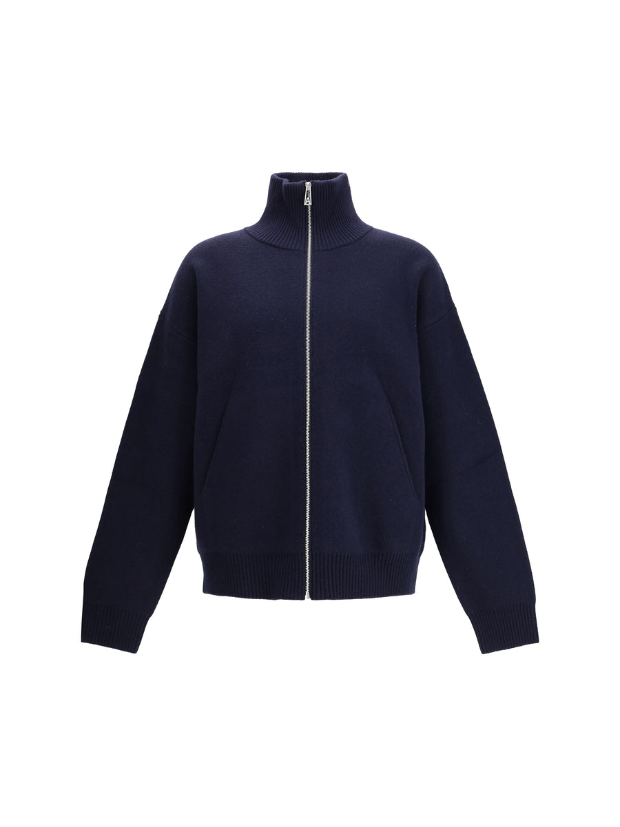 Zip-Up Sweater Navy Wool Ovis Aries; Nylon