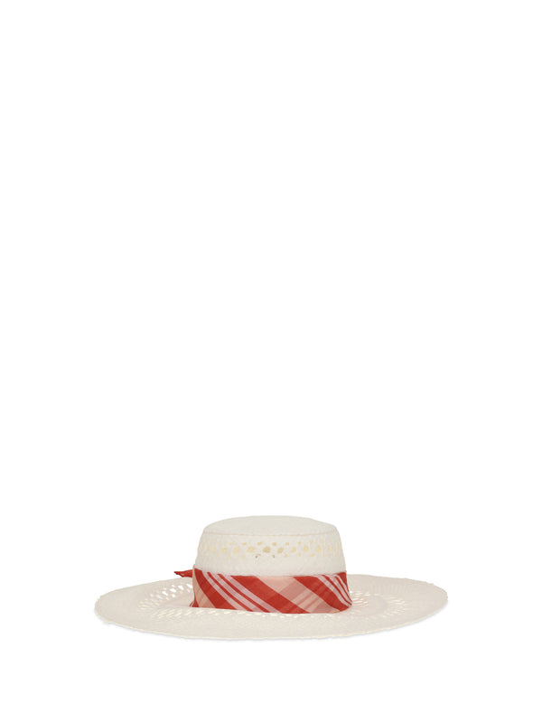 Wide-Brim Hat With Vichy Print Silk Scarf Banana Crepe/biondo Straw E Hairbands