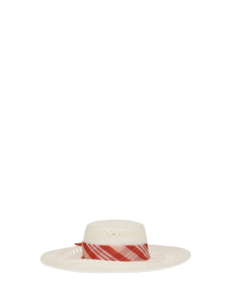 Wide-Brim Hat With Vichy Print Silk Scarf Banana Crepe/biondo Straw E Hairbands