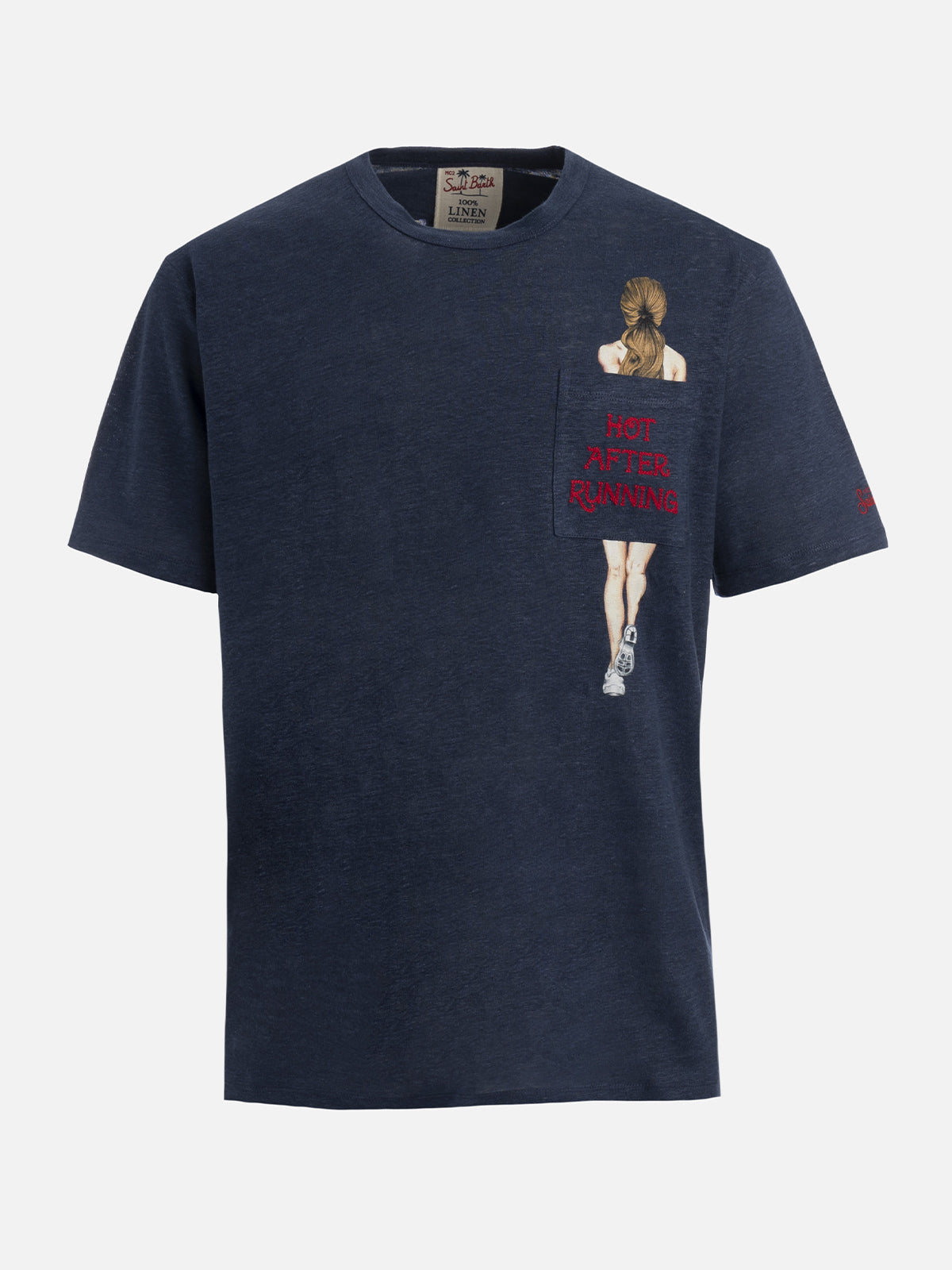 Man Linen Jersey T-Shirt Ecstasea With Printed And Embroidered Pocket Blue