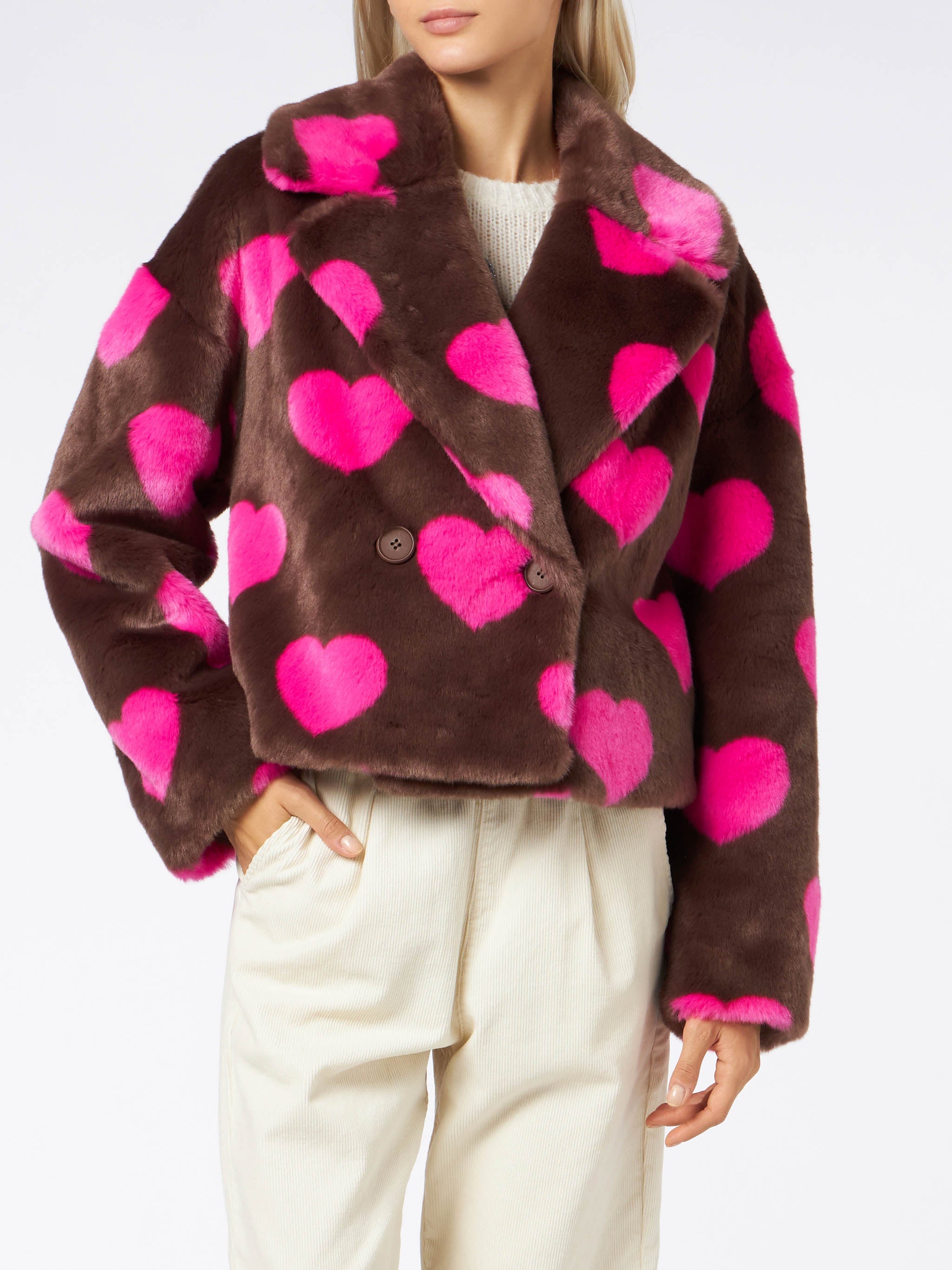 Emelyn Short Faux Fur Jacket With Heart Print Brown