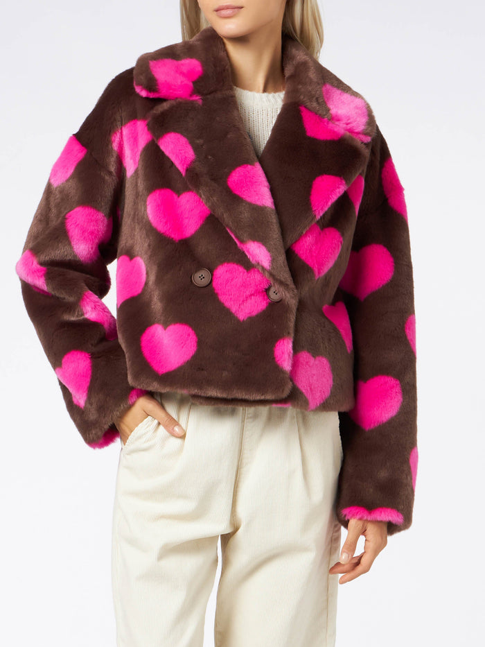Emelyn Short Faux Fur Jacket With Heart Print Brown