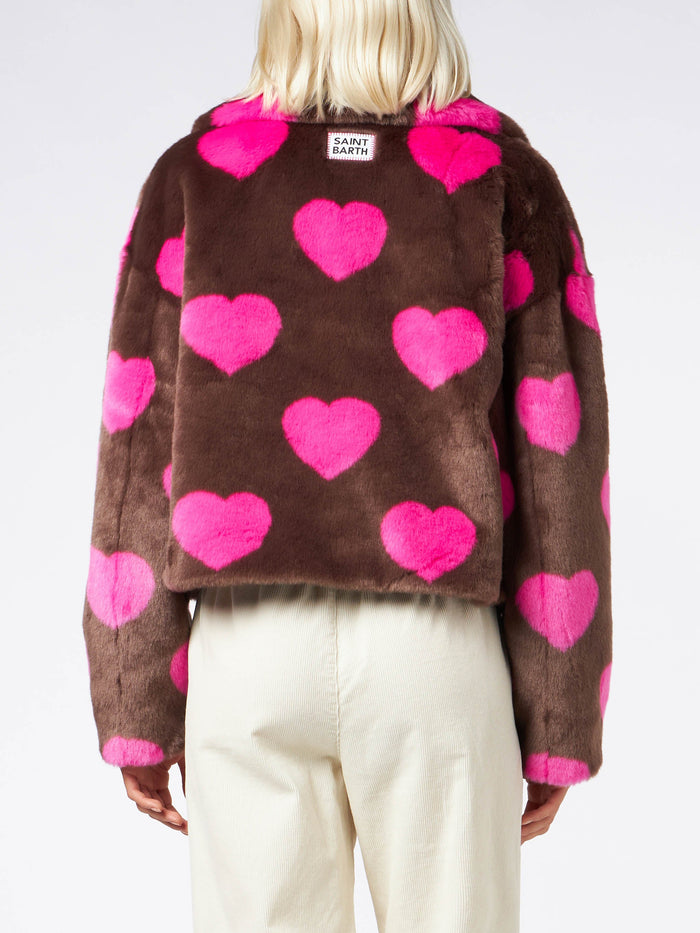 Emelyn Short Faux Fur Jacket With Heart Print Brown