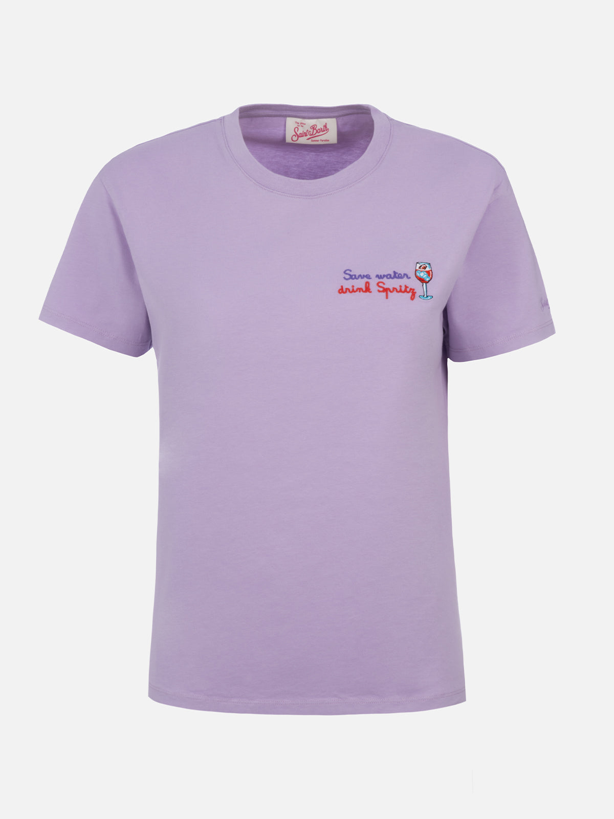 Emilie White Cotton T-Shirt With Save Water Drink Spritz Embroidery | Special Edition Pink