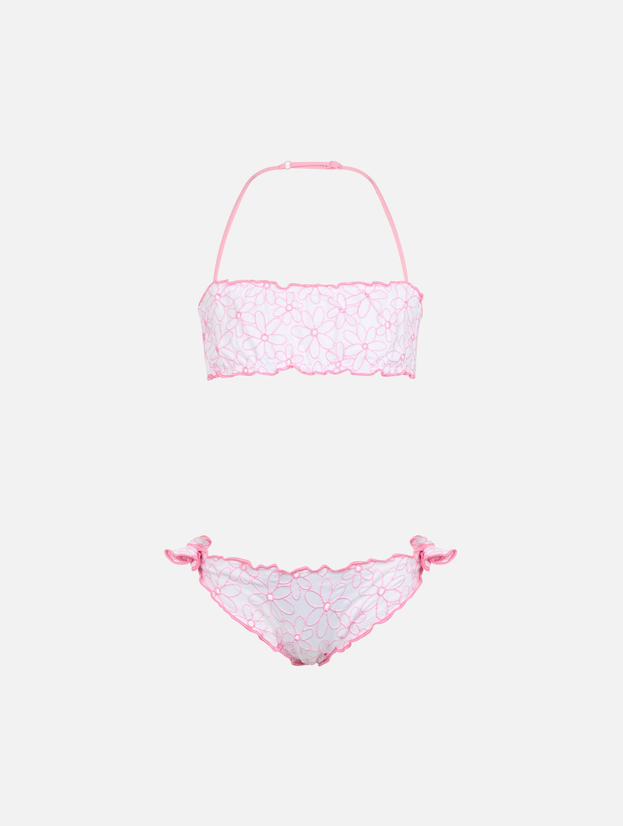 Girl Classic Bandeau Bikini Emy With Daisy Embroidery White
