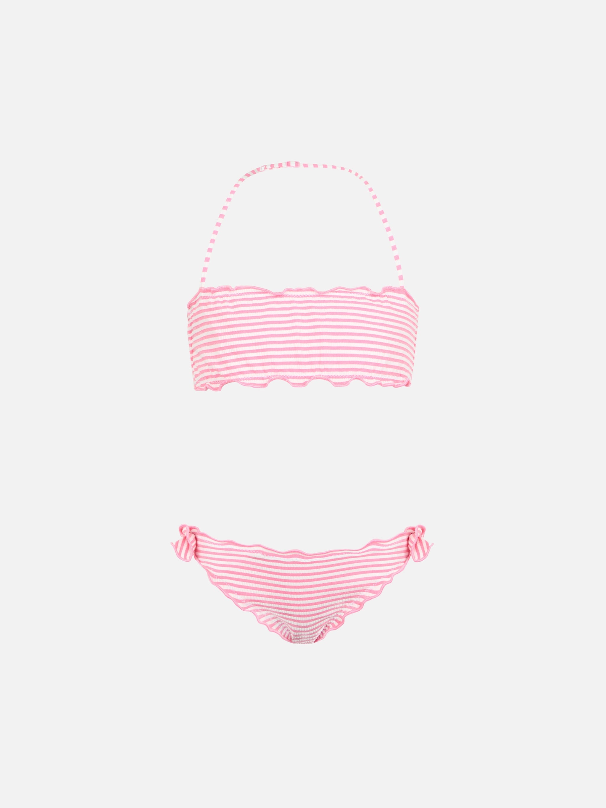 Girl Seersucker Classic Bandeau Bikini Emy With Striped Print Pink