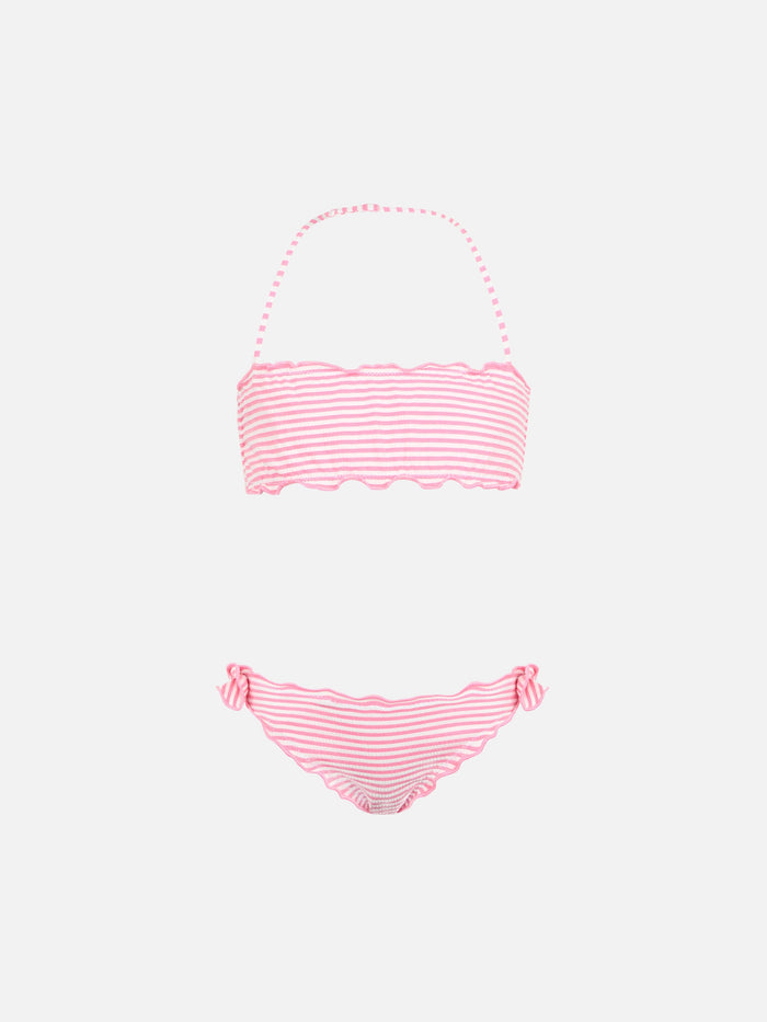 Girl Seersucker Classic Bandeau Bikini Emy With Striped Print Pink