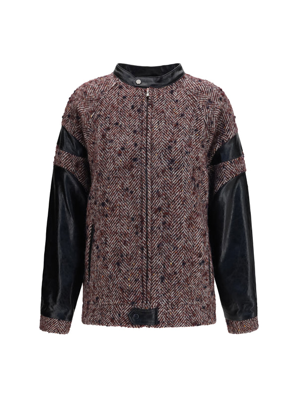 Virgin Wool Blend Jacket With Leather Sleeves Bordeaux