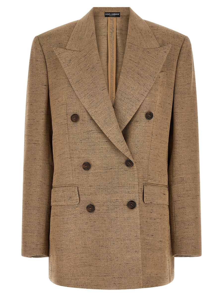 Dolce & Gabbana Double-Breasted Linen Blend Tweed Blazer — Camel