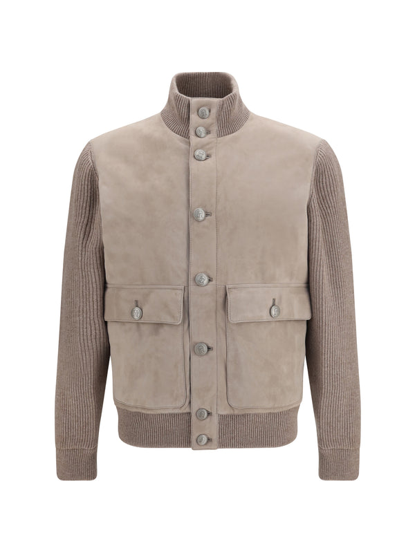 Brunello Cucinelli 100% Calf Leather Bos Taurus with cashmere knit sleeves and back panel jacket in beige