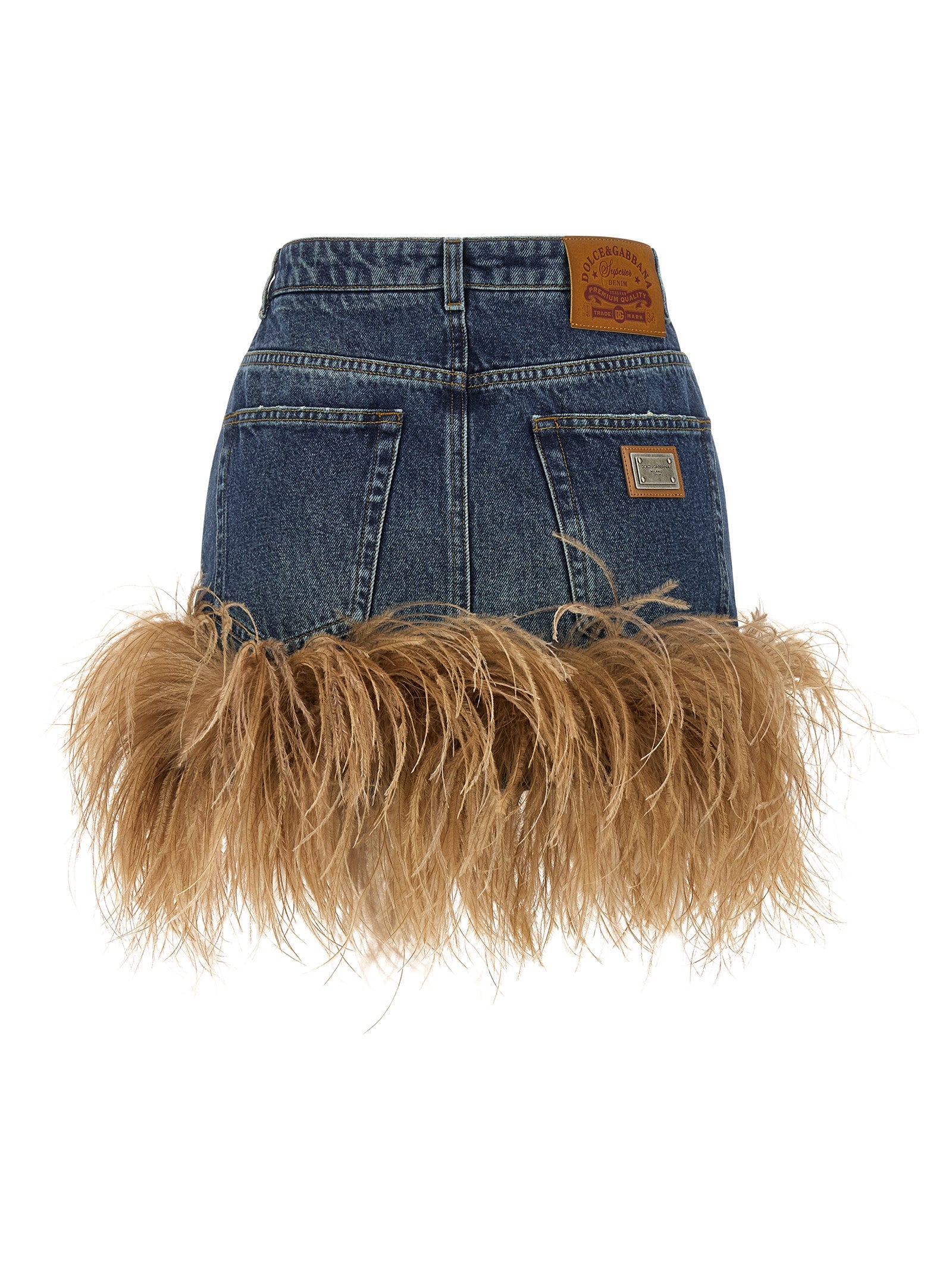 Feather Denim Skirt Blue Cotton