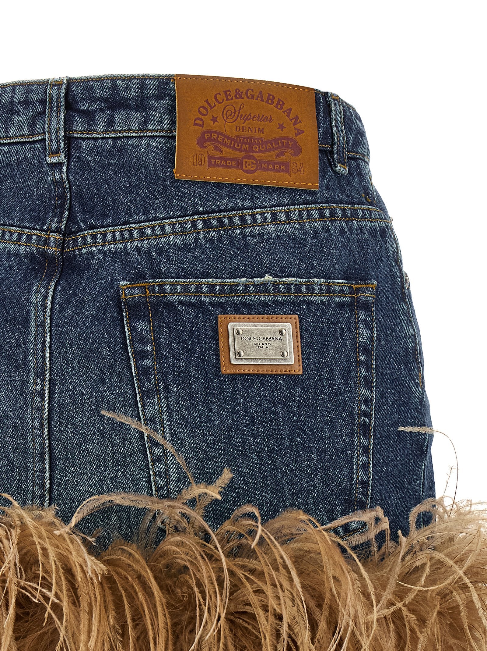 Feather Denim Skirt Blue Cotton