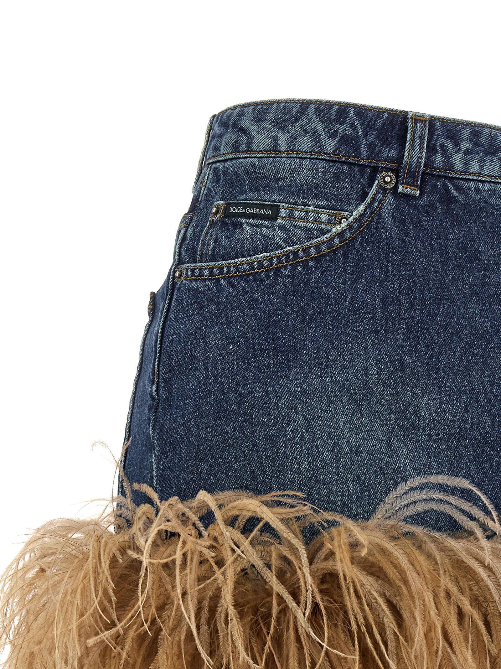 Feather Denim Skirt Blue Cotton
