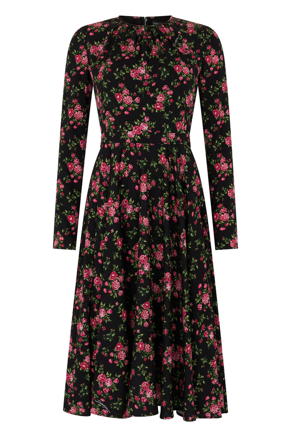 Dress Silk Floral Black Light Blue Polyester