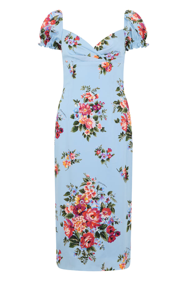 Midi Silk Dress Light Blue Floral