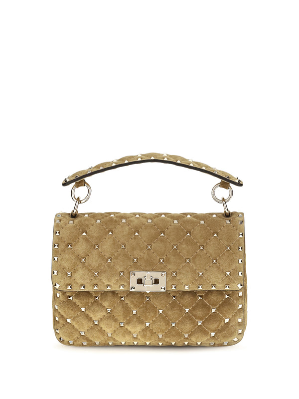 Medium Rockstud Spike Suede Top Handle Bag Havana Beige Calf Leather Bos Taurus Shoulder