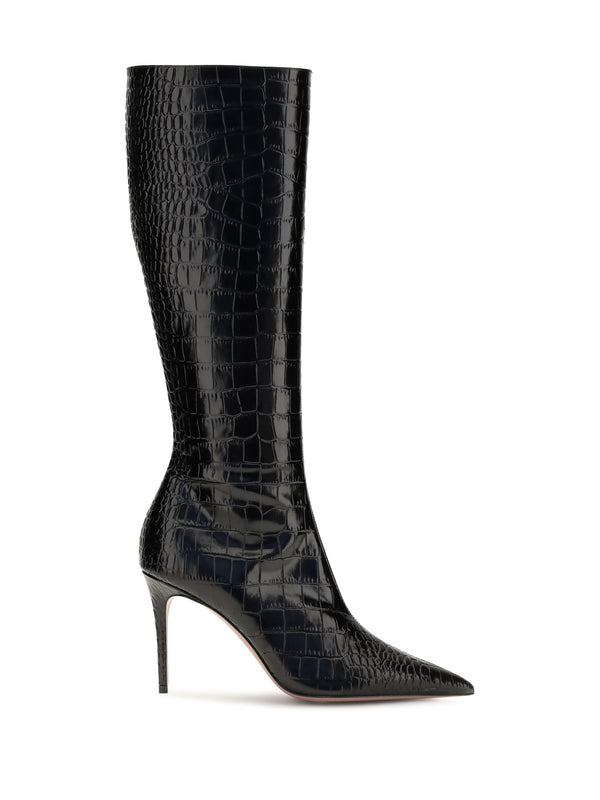 Vera Crocodile-Effect Leather Knee-High Boots Carbone