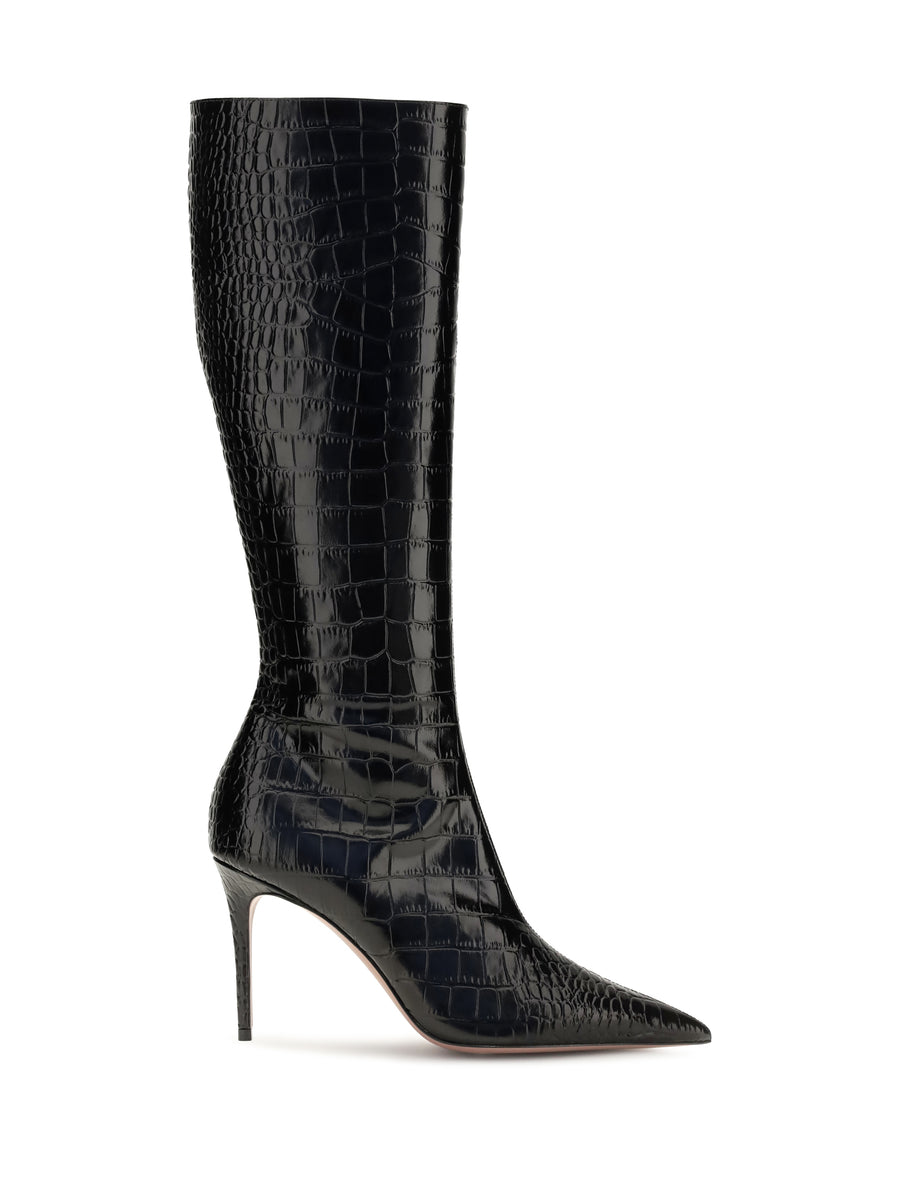 Vera Crocodile-Effect Leather Knee-High Boots Carbone