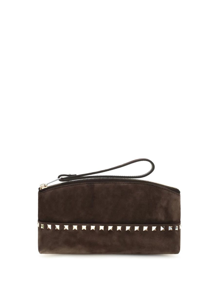 Rockstud Suede Pouch Ebony Brown Handbags