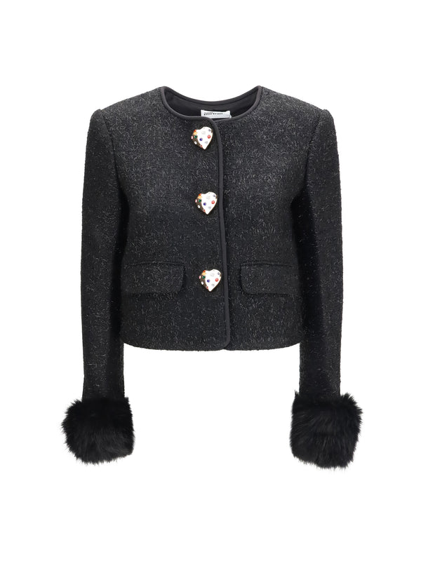 Metallic Bouclé Jacket With Faux Fur Cuffs Black