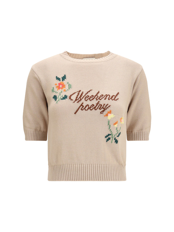Cotton Knit Sweater With Embroidery Cotton; Polyester T-shirts
