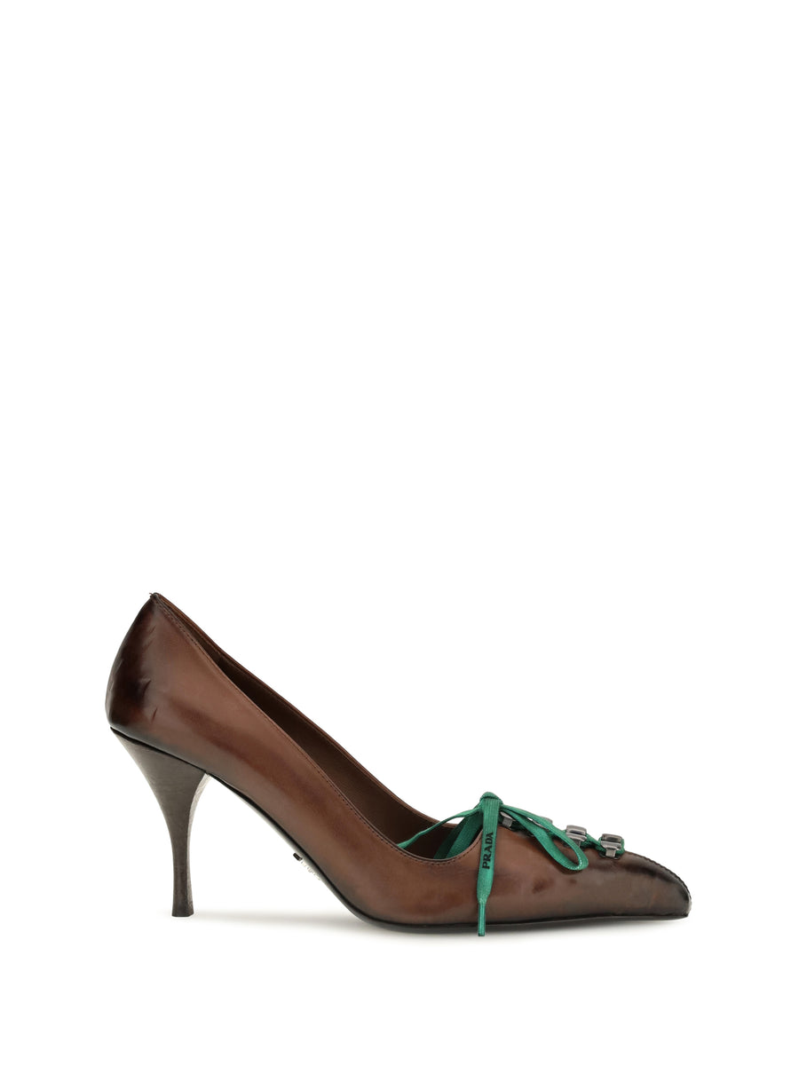 Leather Lace-Up Pumps Cacao