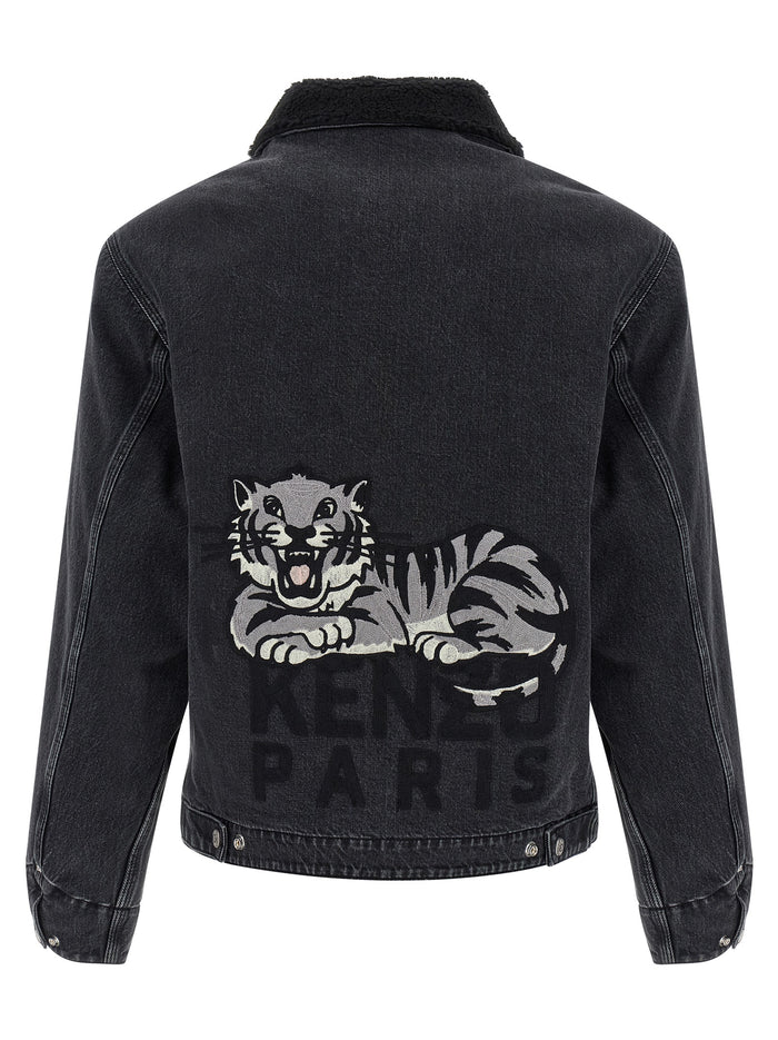 KENZO Happy Tiger denim jacket Black Cotton Down Jacket, Parka, Casual